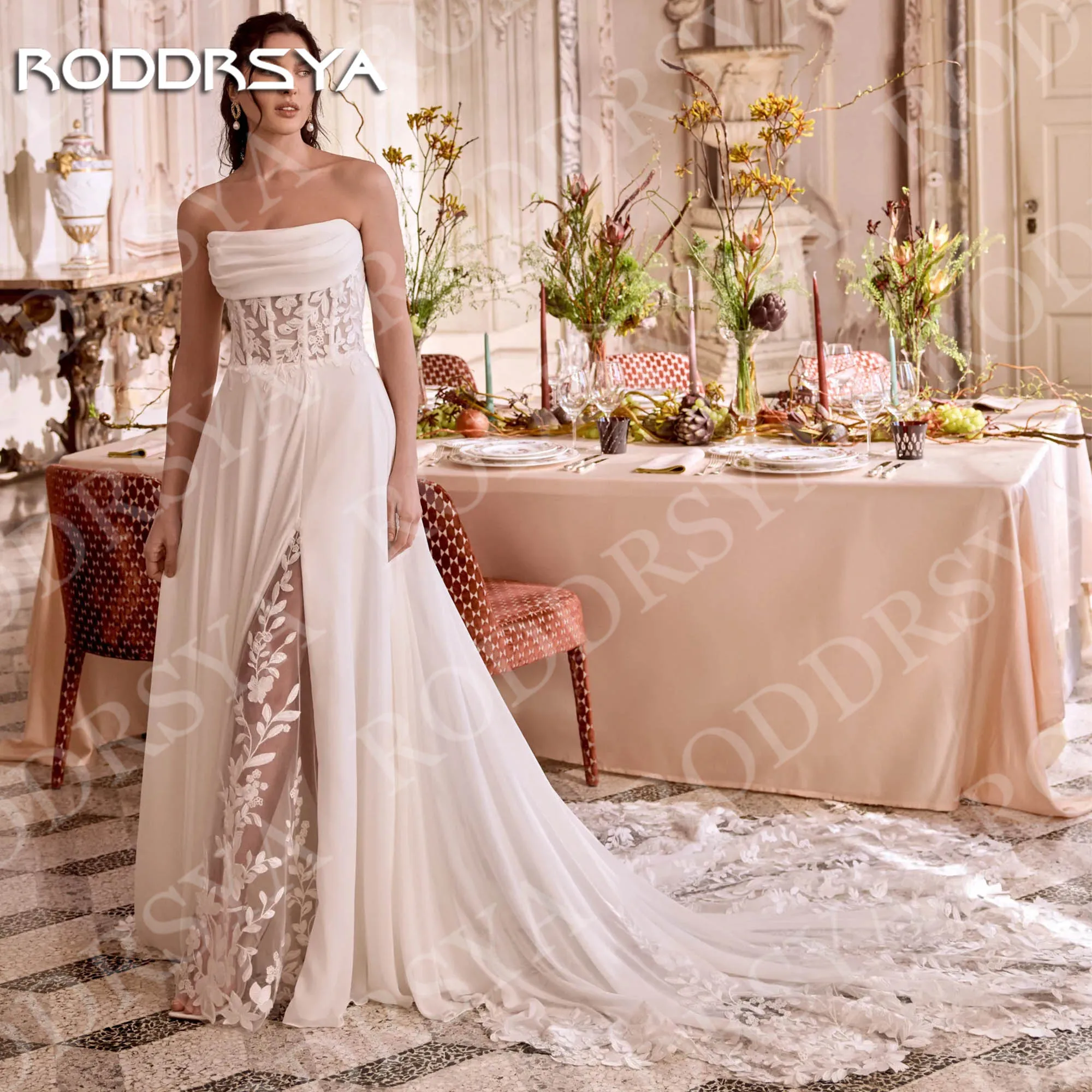 RODDRSYA فستان زفاف على شكل حرف A بأكمام طويلة للنساء رومانسي بدون أكتاف دانتيل بفتحة عالية فساتين زفاف مخصصة فيستدو دي نوفيا خط فستان زفاف طويل الأكمام امرأة رومانسية قبالة الكتف الدانتيل عالية الشق فساتين العروس مخصص