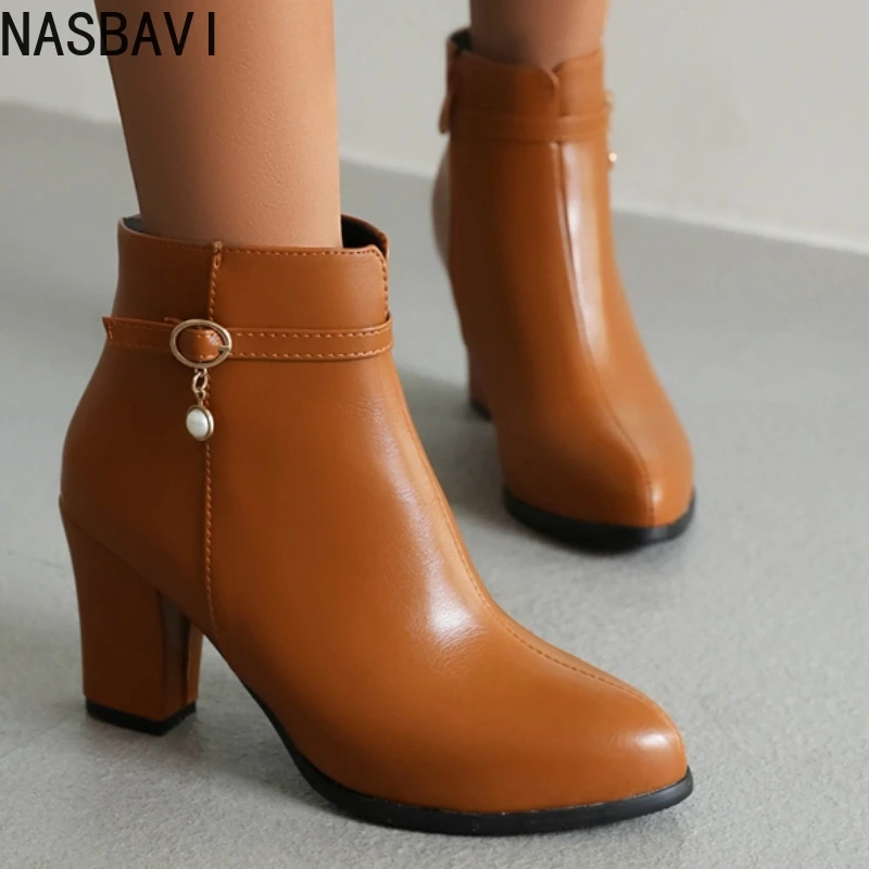 

Brown Women's Ankle Boots Autumn Spring Block High Heel Black Comfortable Short Boot Lady Footwear Shoes Zapatos Mujer Classic