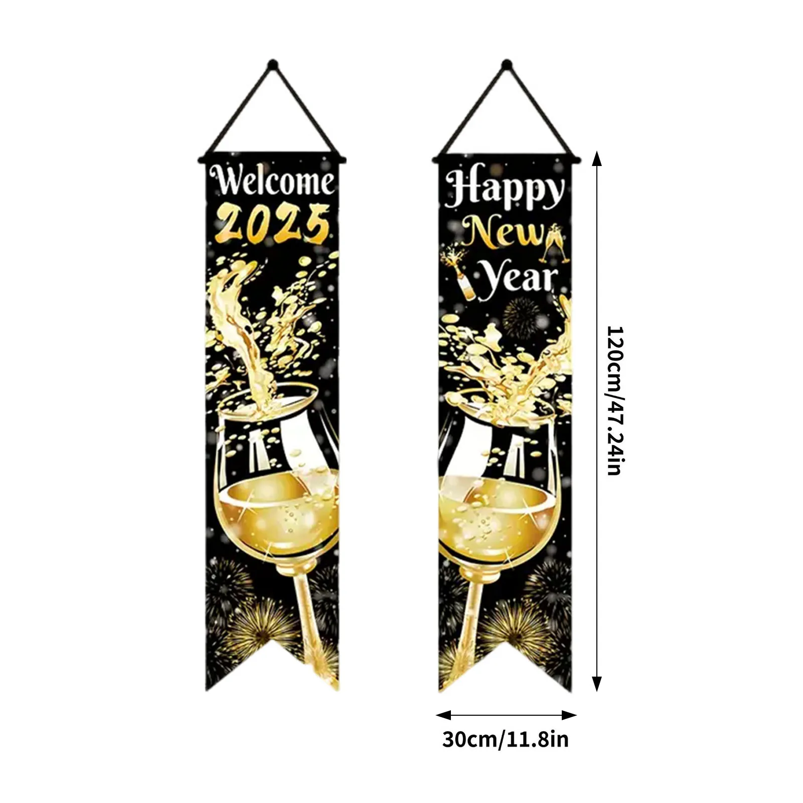 Banner per porta sospesa per Capodanno 2025 Happy Eve Party Porta da parete Decorativo Distico sospeso nero e oro per cortile esterno interno