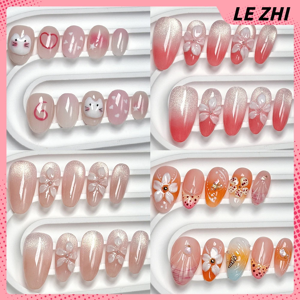

Beautiful Flowers Handmade Almond Square Ellipse Fake Nails Gentle Cat Eyes Pearl Diamond Design Wearable Nail Party Stickers