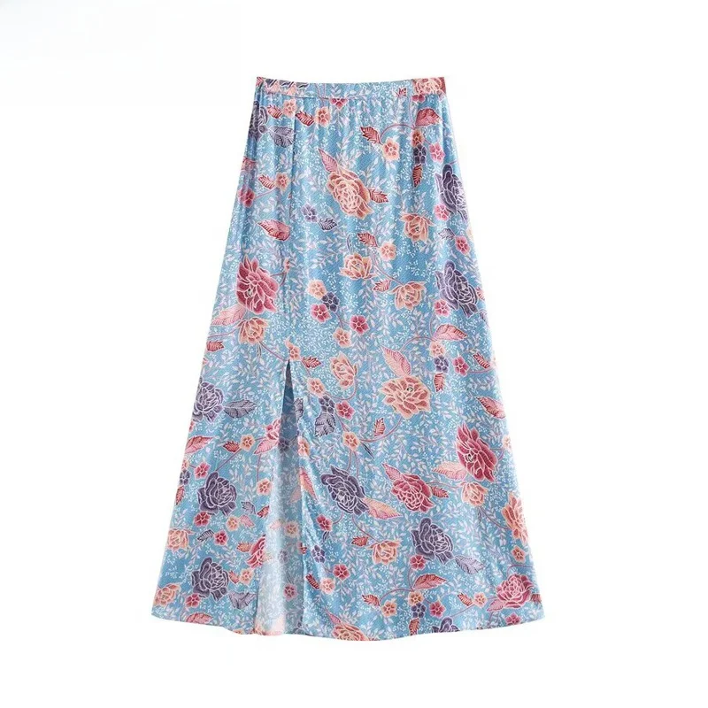 

Ele Floral Print ter Ne Dr Women's Spring New Sle High Waist A-Line Skirt Stand Fit Polyester Fiber