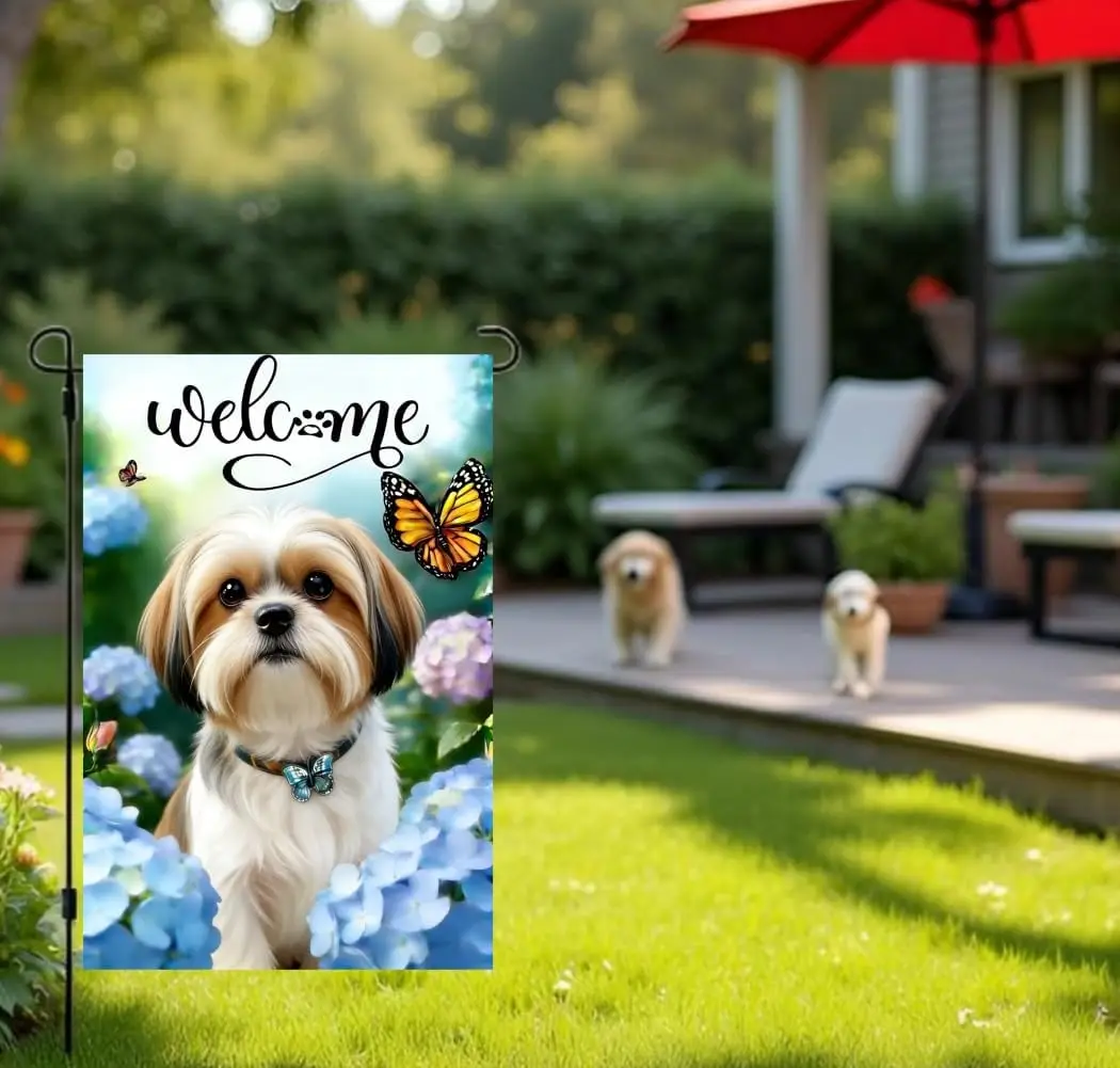 Spring Summer Shih Tzu Hydrangea Floral Garden Flag 12x18 Double Sided, Small Burlap Farmhouse Flowers Dog Welcome Garden Fl ZZM
