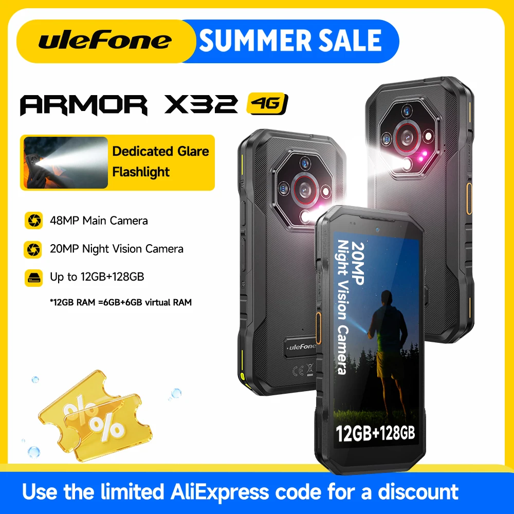Ulefone Armor X32 4G Rugged Phone Android 14 Waterproof Smartphone 12GB RAM,128GB ROM NFC Night Mobile Phone Global Version
