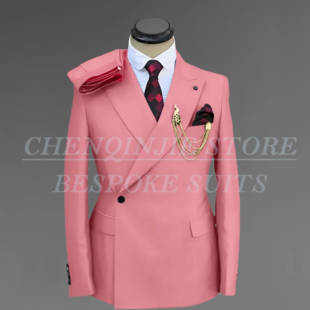 Men Suit 2025 Single Breasted Spring Jacket Pants Peaked Lapel Elegant Blue Tuxedo For Wedding Groomsmen Slim Fit Costume Homme