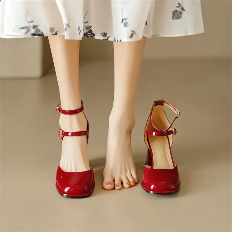 Patent Leather Summer Sandals Shoes for Women Cover Toe Sandals French Square Toe Chunky Heel Women Shoes Zapatos Mujer Handmade