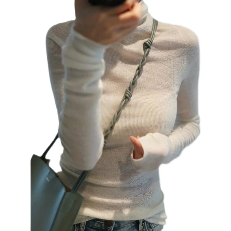 เสื้อสเวตเตอร์ถักคอสูงทรงเข้ารูปสำหรับผู้หญิง ผ้าขนสัตว์ถักแบบบาง สไตล์เกาหลี แขนยาว ความยาวปกติ