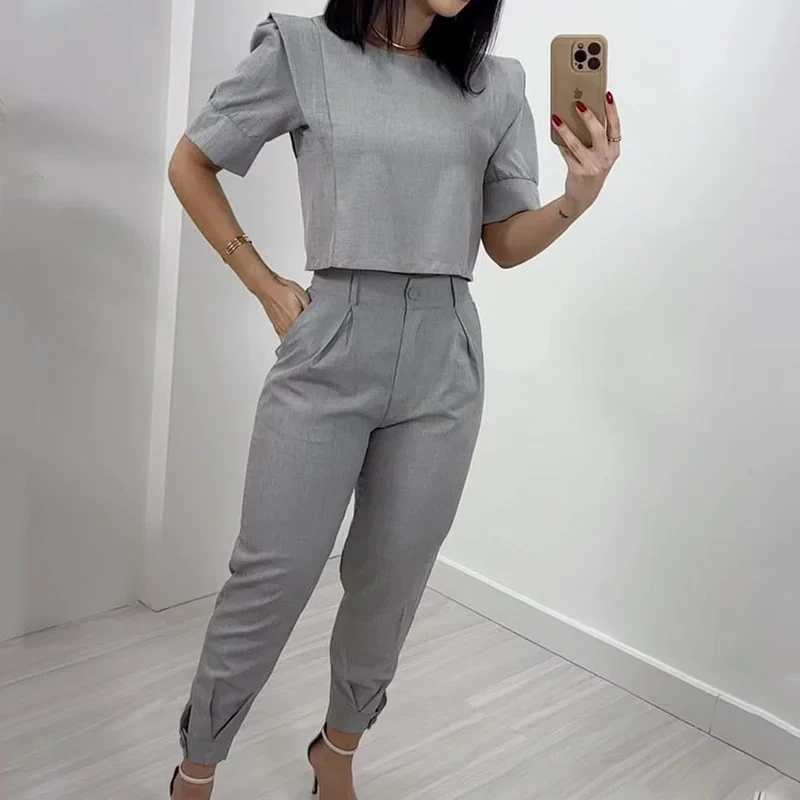 Wefads 2024 Newest Women Summer Two Piece Set Casual Short Sleeve Round Neck Solid Top Loose With Pockets Pants Sets Streetwear