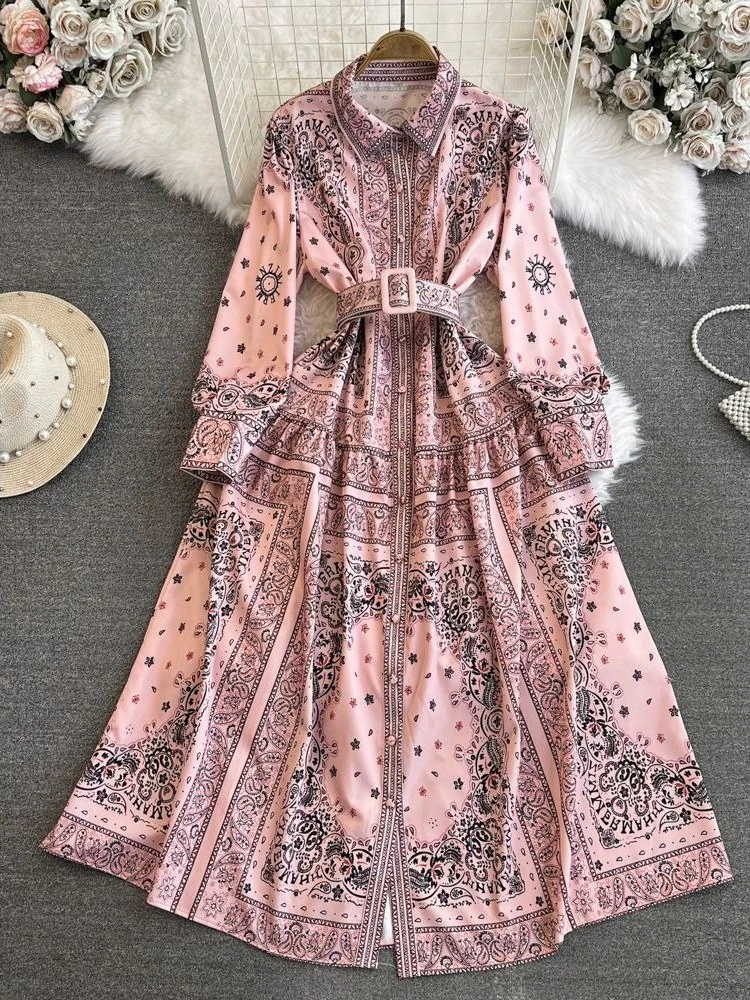 Elegant Print Shirt Dress Women 2025 Korean Style Vintage Long Sleeve Turn Down Collar Waist Belt A Line Maxi Floral Boho Outfit
