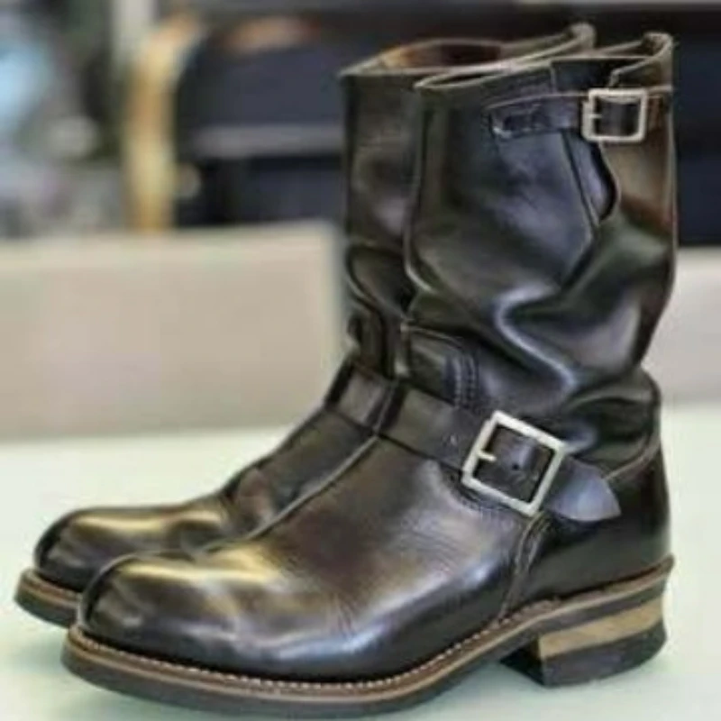 Retro Outdoor Western Cowboy Stiefel Mittelhoch Rund Mittelalterliche Motorradstiefel für Herren Trendige PU-Leder Schnallenstiefel – Detail 3