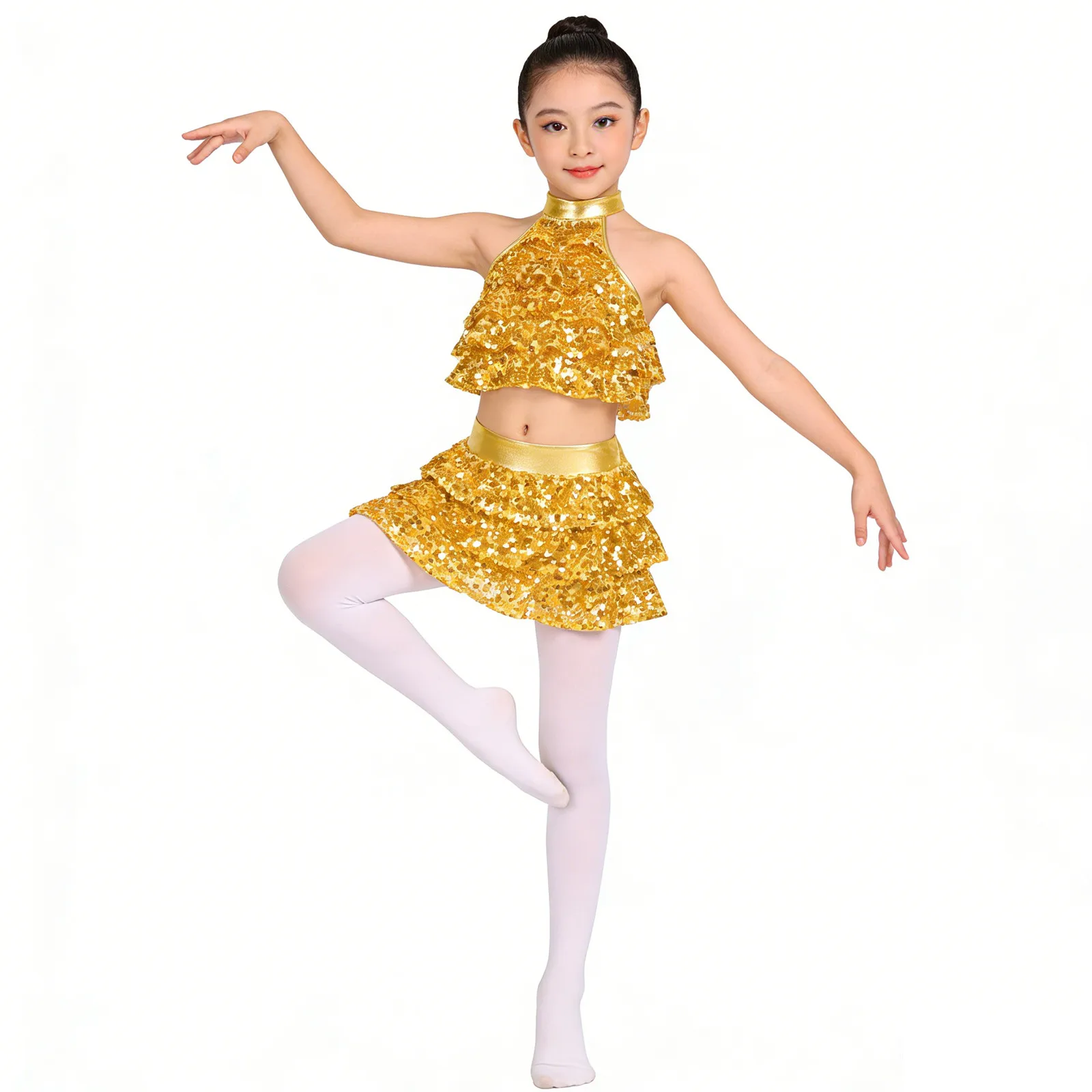 

Kids Girls Gymnastics Leotard Ballet Jazz Hip Hop Dance Performance Costume Backless Shiny Sequins Tiered Crop Top with Skirt