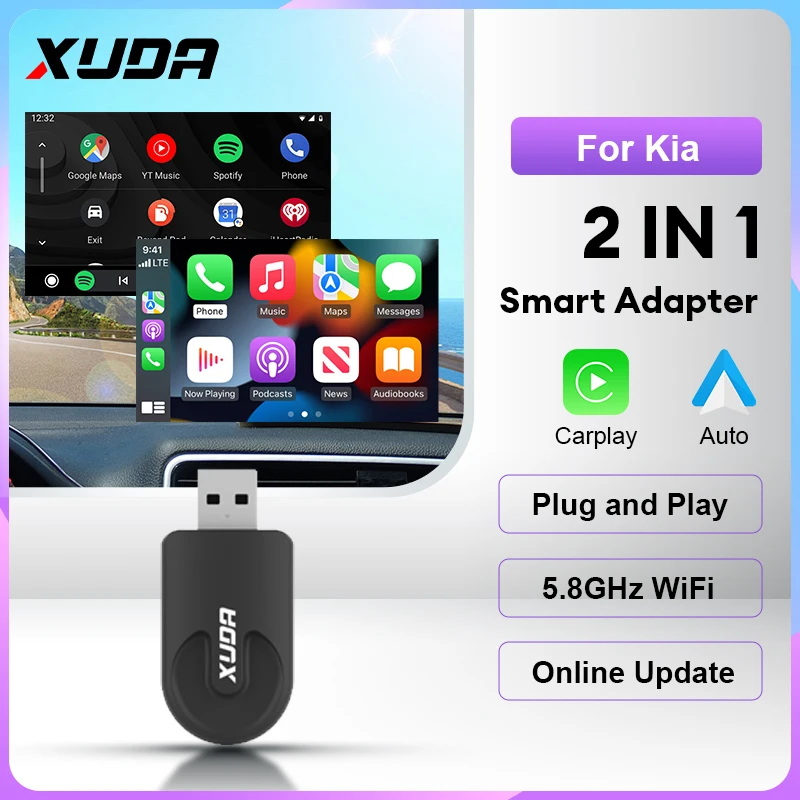 2024 XUDA 2 in1 Wireless Carplay Adapter Android Auto per Kia Sportage K5 Carnival Picanto Soul Seltos Telluride Niro EV6