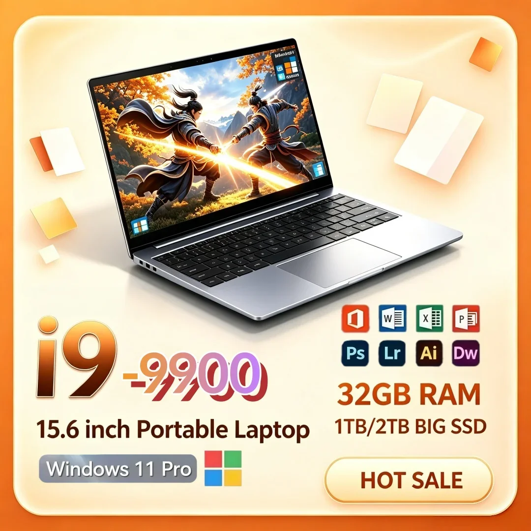 Intel i9‑9900 16GB/32GB RAM 15.6 Inch Premium Portable Ultra Slim Laptop 1TB/2TB Big SSD Windows11 Notebook Office Study