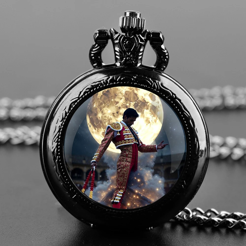 Spanish Bullfighter Bullfight Bull Design Vintage Quartz Pocket Watch Chain Pendant Necklace for Men and Women Jewelry Gift