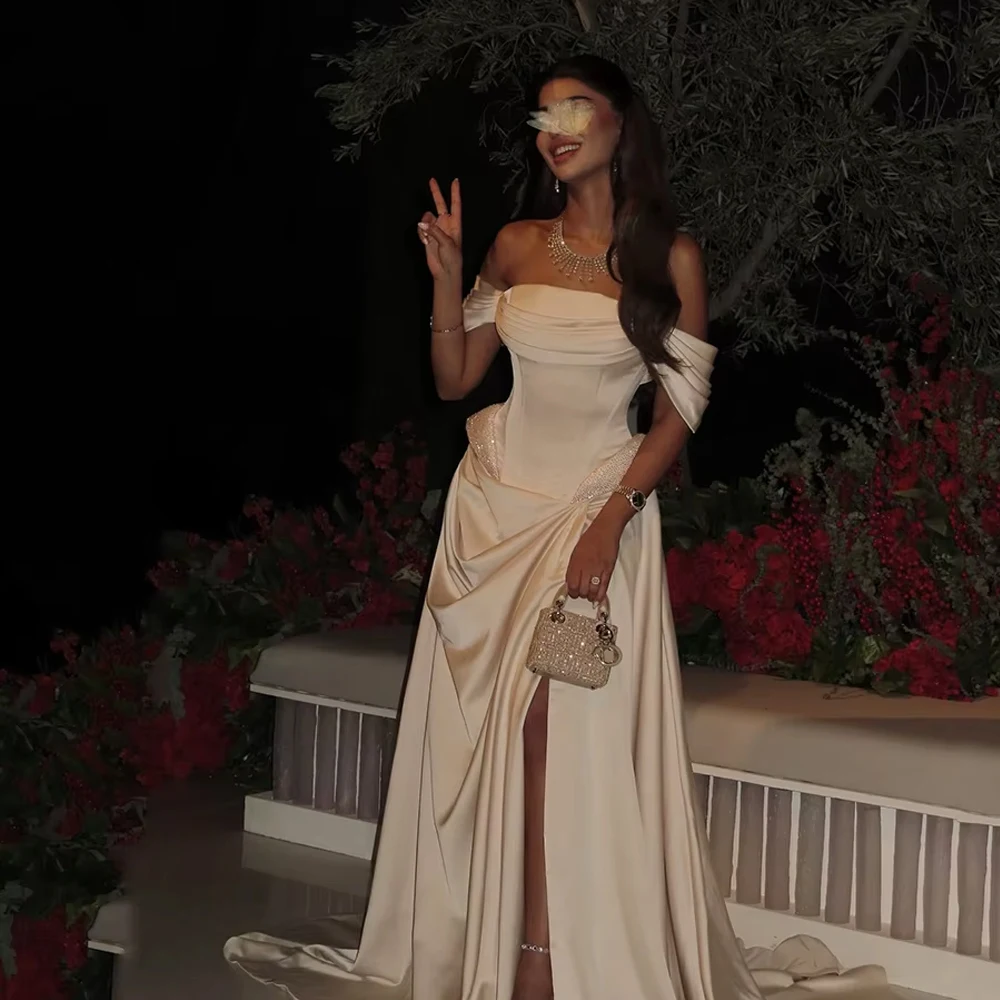 

Атласное вечернее платье цвета шампанского по индивидуальному заказу с открытыми плечами, трапециевидное платье для торжественных случаев, элегантное свадебное платье с разрезом по бокам