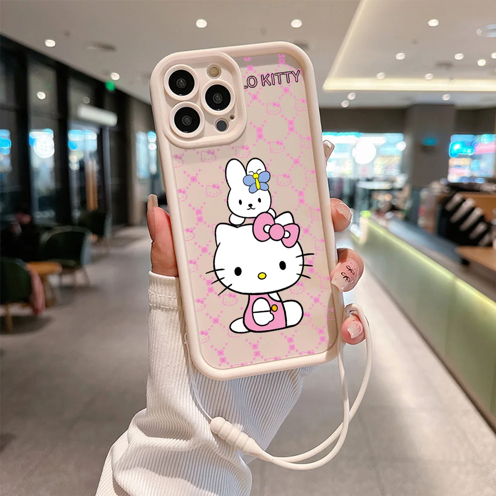 Hello kitty casing ponsel kucing, sarung HP dengan tali tangan untuk Xiaomi Redmi 9A 9C 10 10C 12 12C K30 K40 K50 Note 10 11 12 13 Pro 5G