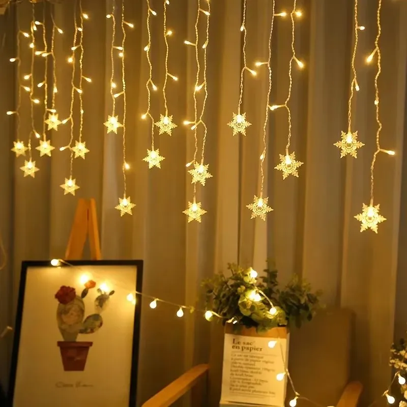 EU Plug Snowflake LED String Lights New Year Christmas Garland Home Eave Wedding Party Indoor Garden Decoration Holiday Light