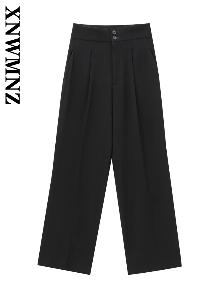 XNWMNZ Donna 2024 Nuovo Autunno Pendolarismo Moda Ruffles Pulsante Pantaloni Lunghi Abbigliamento Donna Casual Colore Solido Pantaloni a Gamba Larga