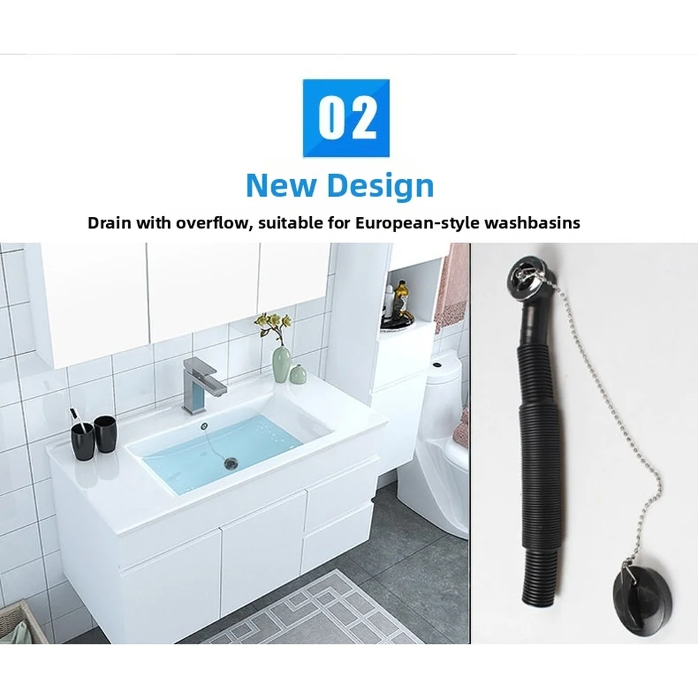 Black SUS304 Stainless Steel Sink Drain With Round Overflow Chain Cover For 41-50mm Basin Waste Outlet Plumbing Fixture