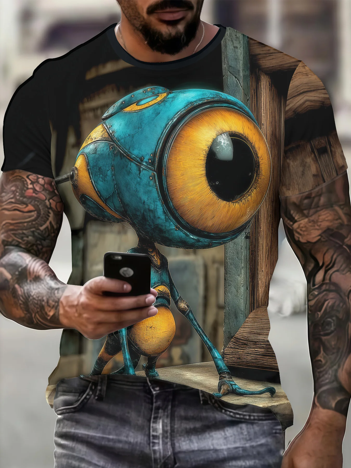 Men's 3D Steampunk Big Eye Robot Creature Print T-Shirt Crew Neck Short Sleeve Vintage Fantasy Casual Streetwear Tee Top