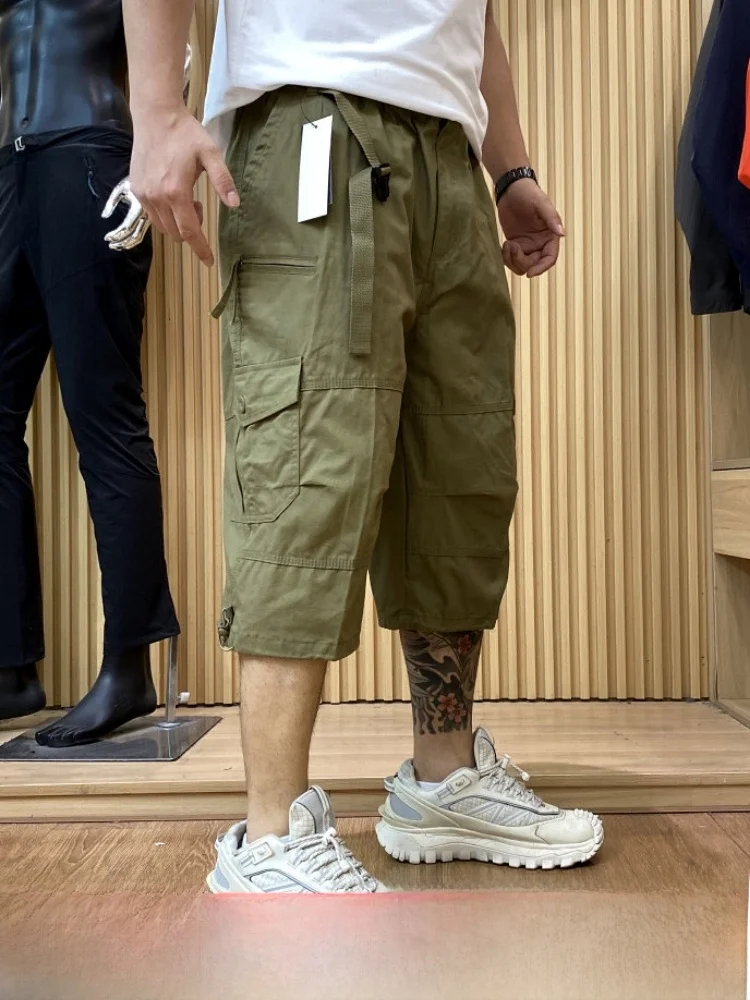Military Style Cotton Workwear Shorts Men's 7/8 Length Pants with Buckle Waist Belt Summer Casual Loose Fit Straight Leg