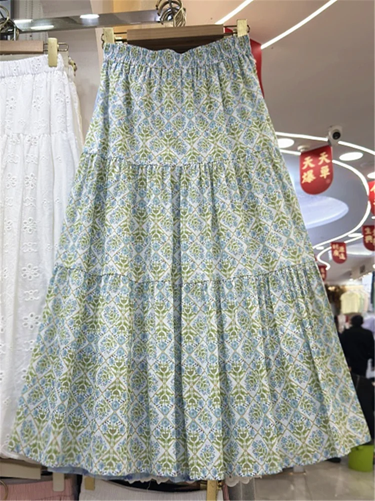 

Ele Floral Print Elastic Waist High Waist Cotton Skirt Women's Spring Summer New Sle A-Line Midi Skirt Korean Sle