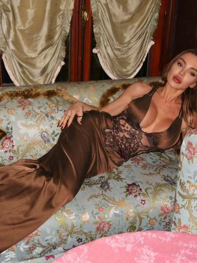 Kliou فستان موضة مثير امرأة منخفضة الرقبة عبر ضمادة عارية الذراعين أكمام الدانتيل المرقعة مساء حفلة موسيقية أنيقة Bodycon