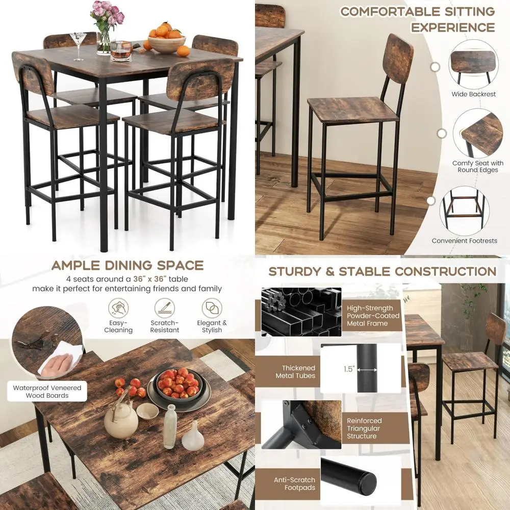 Juego de comedor de 5 piezas con altura de mostrador, mesa de estilo industrial y 4 taburetes de bar, diseño que ahorra espacio