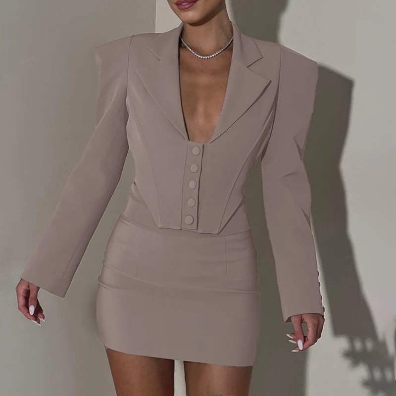 TARUXY Fall New Mini Skirt Suit Long Sleeve Lapel Fishbone Top Hip-Covering Skirt Sexy Bodycon Two-Piece Commuting Sets Female