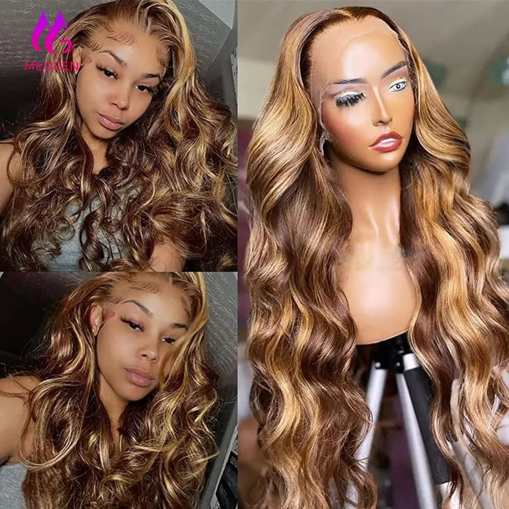 

Megeen Body Wave 13X4 Transparent Lace Frontal Wig 100% Human Hair Highlight P4/27 12A Pre Plucked Honey Blonde Colored Lace Wig