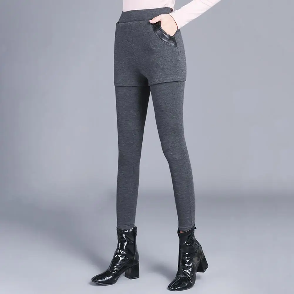 Fake Two Piece Leggings Shorts High Waist Slim Fit Cold-Resistant Warm Casual Pants Pocket Faux Leather Design Leggings Skirt