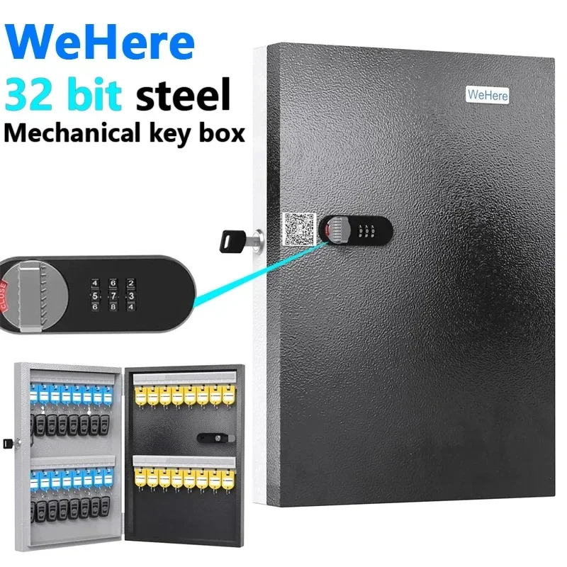 

WeHere Key Lock Box Wall Mounted (32 Keys), Roller Mechanical Password Lock,key Cabinet with Combination Lock and 16 Key Labels