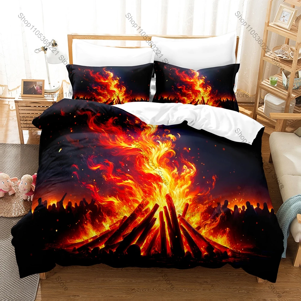 Minimal Warm Vintage Bonfire Forest Night Camping Outdoor 3D Print Bedding Set Includes Duvet Cover 2 Pillowcases Cozy Woodland