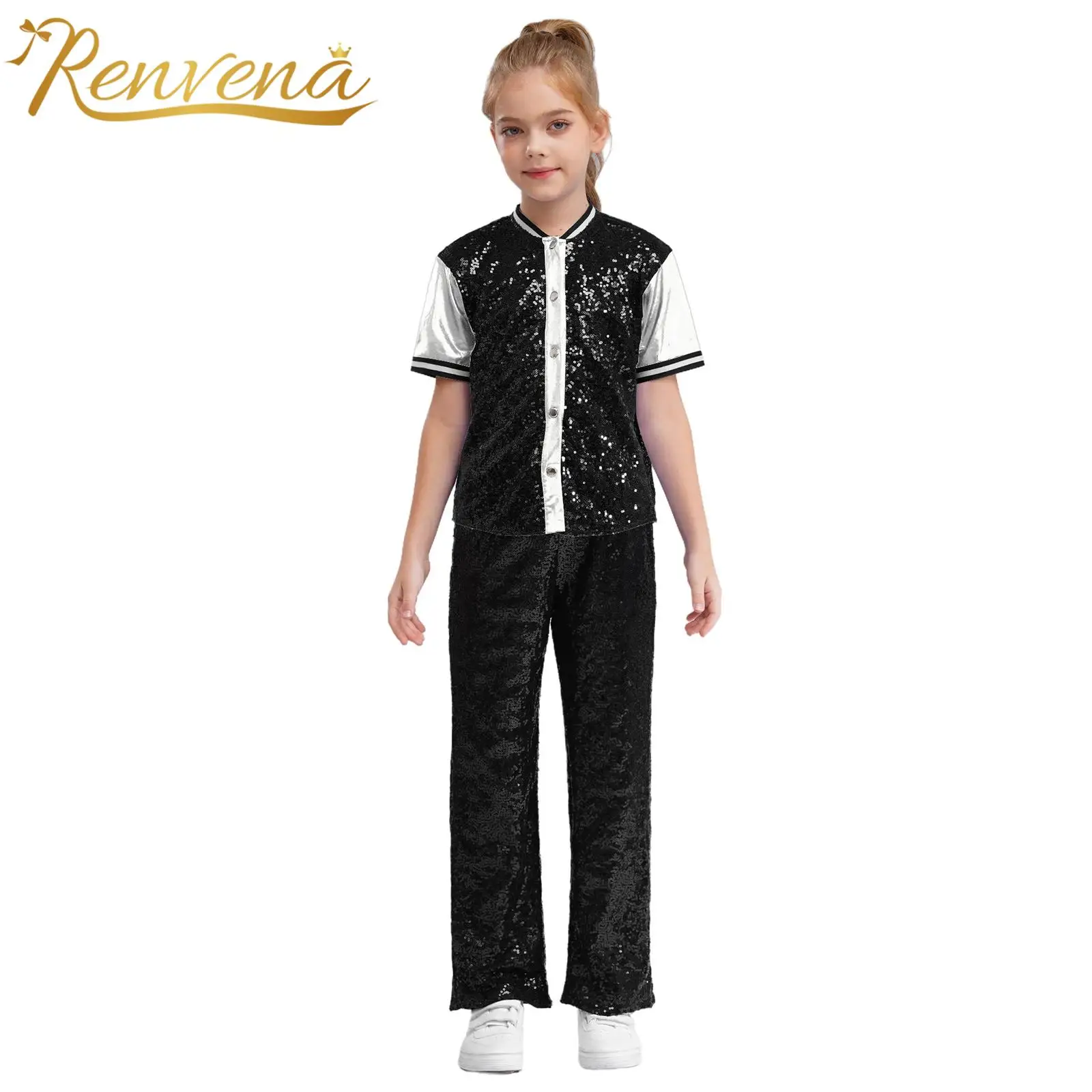 Kids Girls Jazz Dance Hip-Hop Costumes Performance Suits Childs Glittery Sequins Disco Outfits Fashion Short Sleeves Streetwear