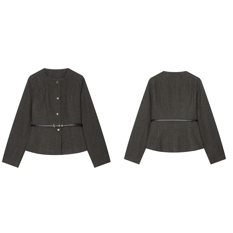 Guobioziy 2026 Fall Collarless Tie-Front Short Jacket Vintage High-End Slim Casual Minimalist Light Luxury Waist Defined