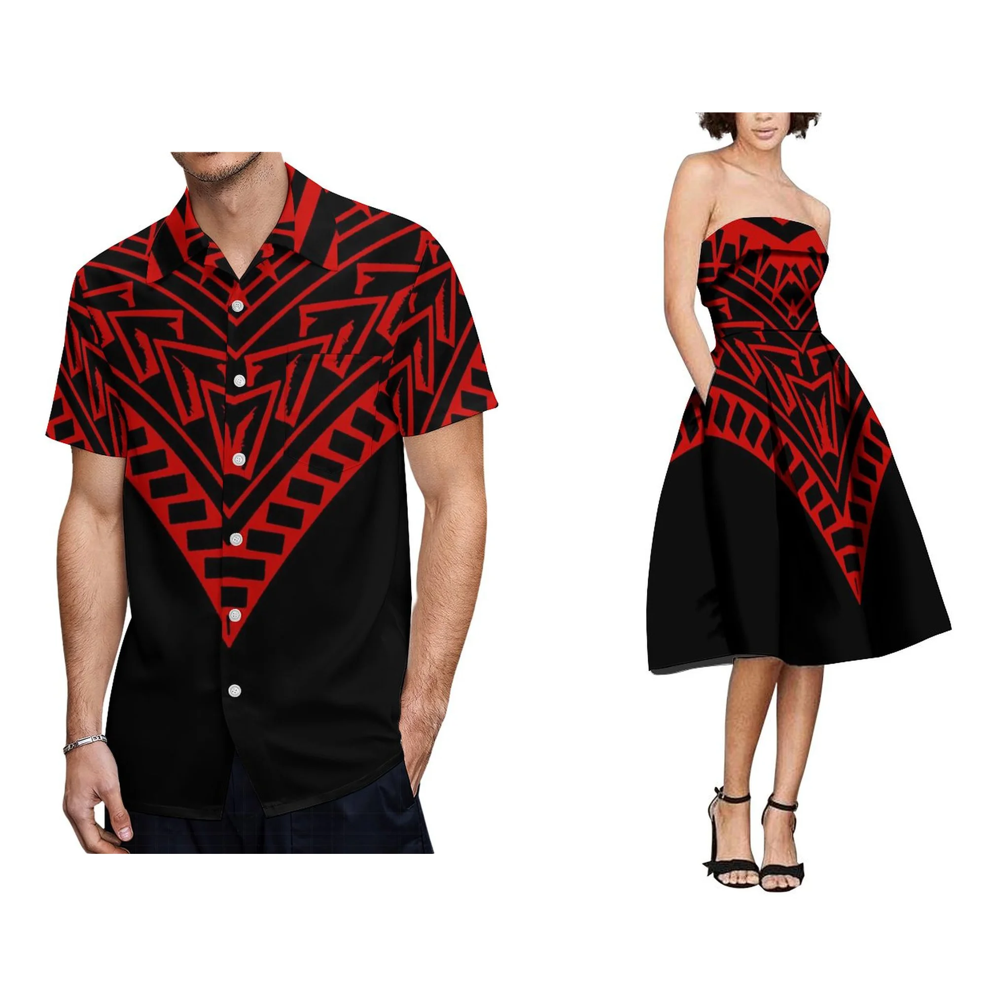 우아한 폴리네시안 사모아 부족 프린트 여성 랩 원숄더 드레스와 셔츠 2종 세트 의류