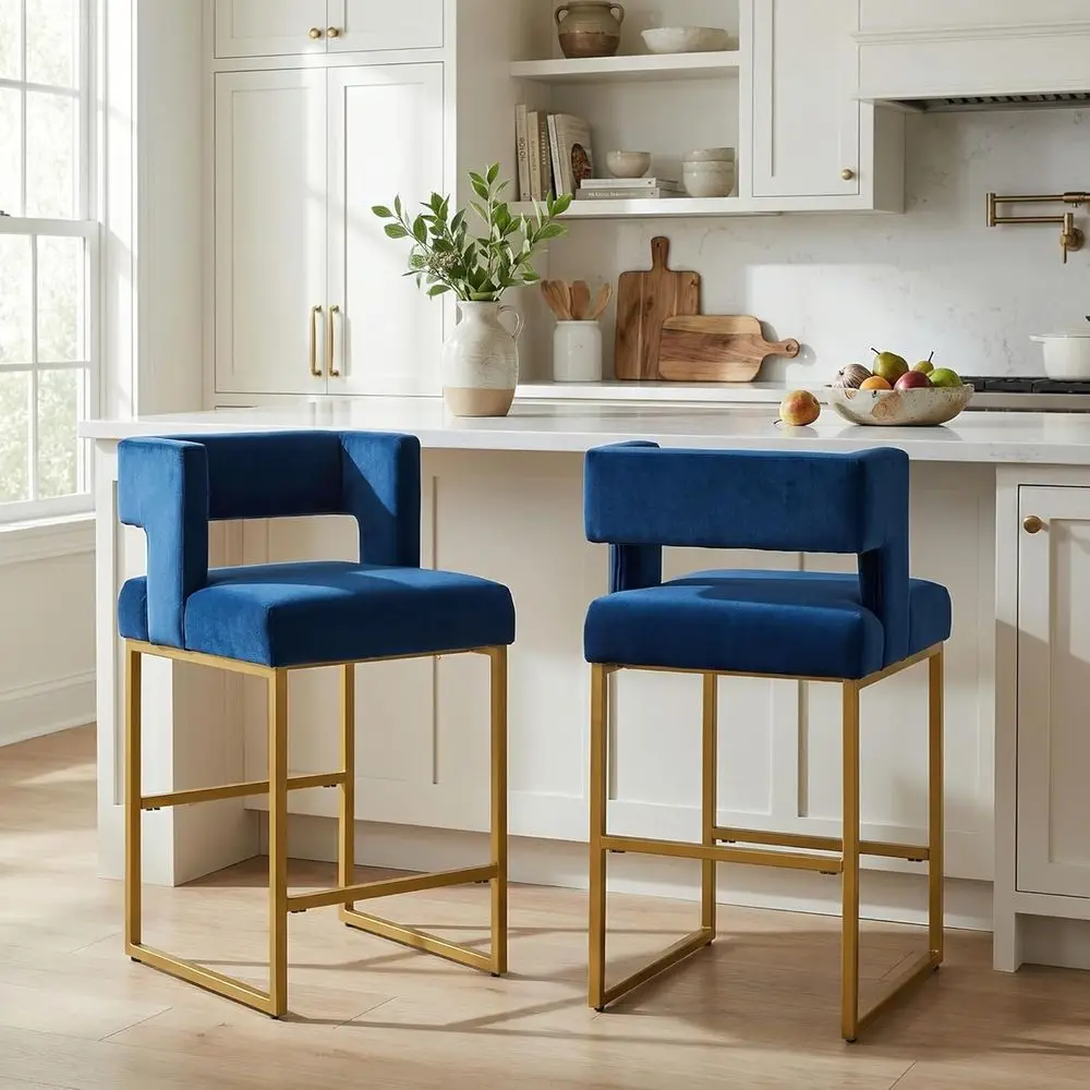 

Pair of 26 Counter Height Bar Stools, Velvet Chairs with Back & Armrests, Metal Legs, Blue and Gold for Kitchen Island or Home B