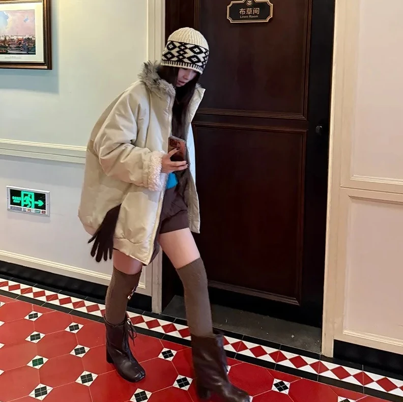 하이넥 미디 길이 프린지 코트 여성 의류 아메리칸 스타일 패션 양면 두꺼운 따뜻한 재킷 겨울 루즈핏