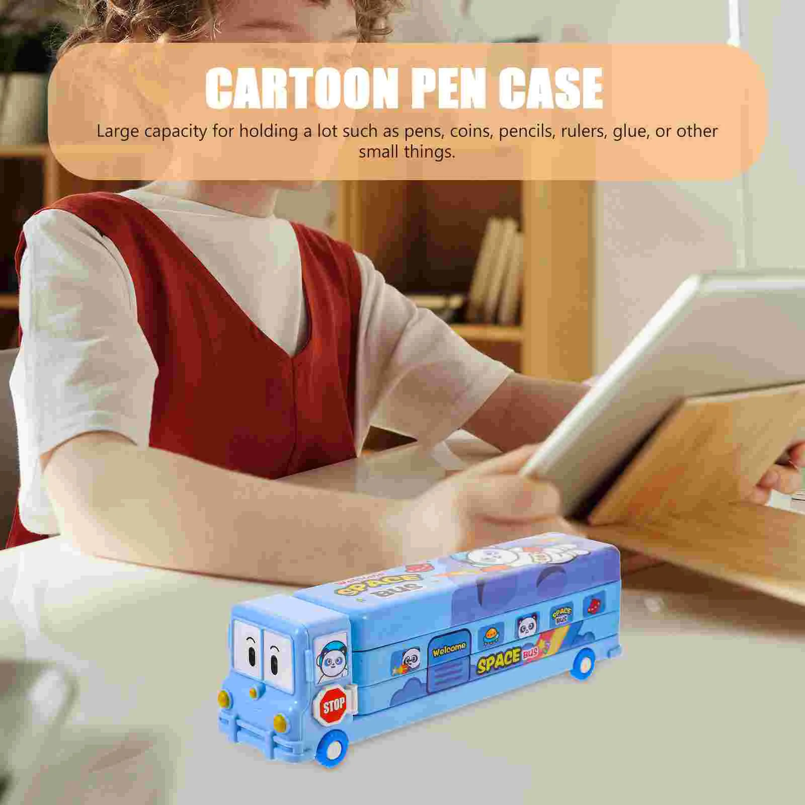 Penetui Cartoon potlood Grote capaciteit Versier decoratieve blauwe container Kind