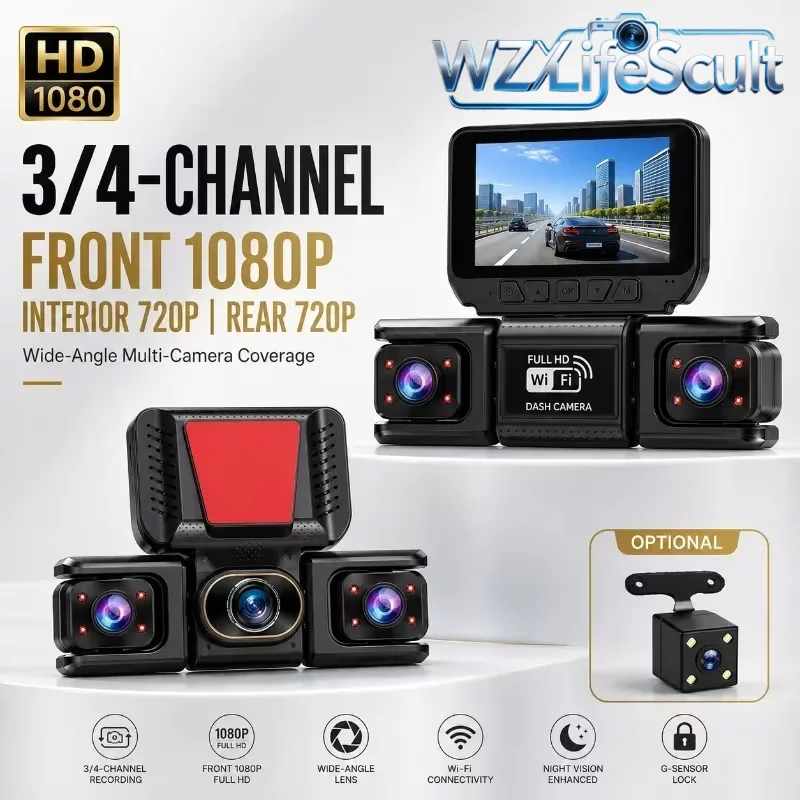 3.15-Inch HD Screen, 3–4-Channel Panoramic Dashcam, 1080p Front + 720p Left and Right + 720p Rear, 8 Infrared Night Vision LEDs, G-Sensor, 24-Hour Parking Mode + Loop Recording, No Exposed Cables, universal Fit