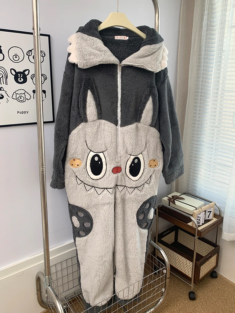 Kawaii Labubu Winter Pajama High Quality Version Cartoon Animal Soft Plush Pajamas For Adults Night Robe Cosplay Suit Gift