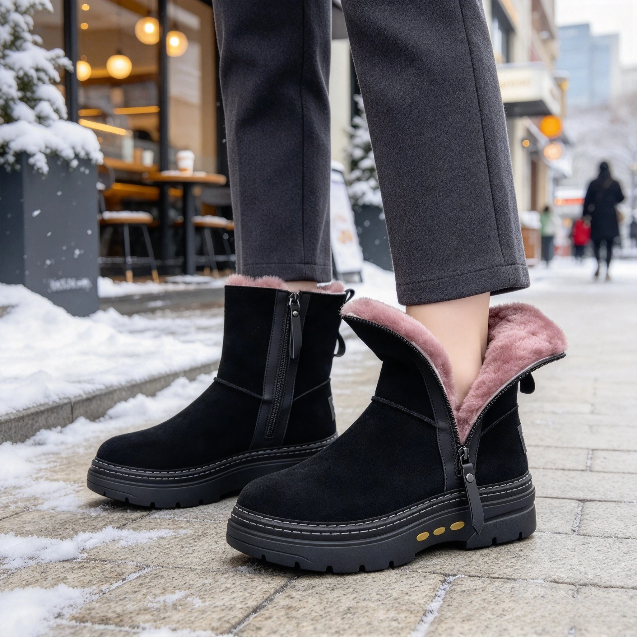 High-top Waterproof Men Fashion Winter Snow Boots Full Thick Plush Lining Non-slip Chunky Sole Street Daily Cold Wear Shoes