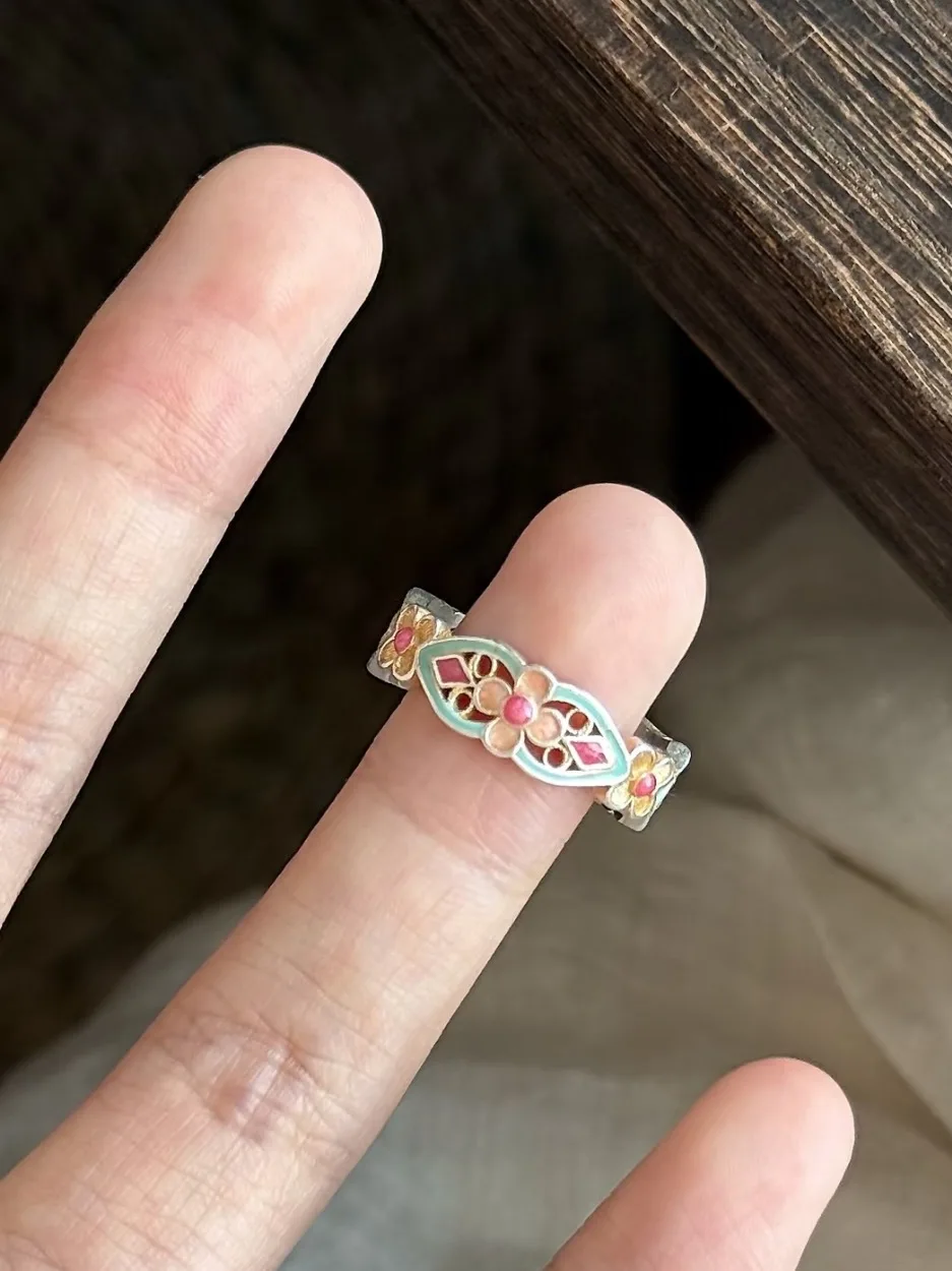 Elegant Gold Embellished Peach Blossom Ring New Chinese Style Couple's Jewelry Enamel Color Court Fashion Open Ring Design