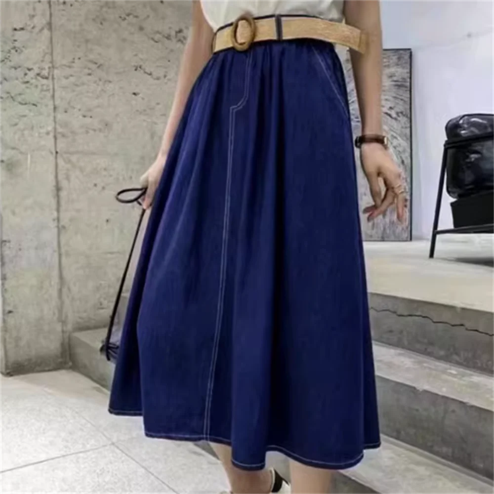 

High-waisted denim skirt women summer 2023 loose Long skirt belt