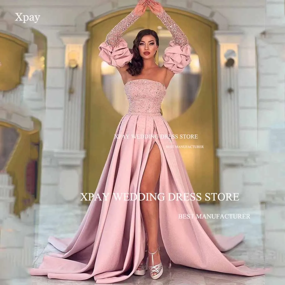 

XPAY Strapless Saudi Arabic A Line Evening Dresses Sequined Sparkly Puff Sleeves Pink Formal Party Gown High Split Prom Dress