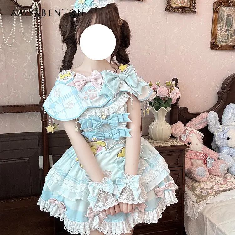 

Sweet Candy Paradise Lolita Style Dress Cute Bow Off-Shoulder Cartoon Embroidery Slim Fit Puff Dress Birthday Dresses for Women