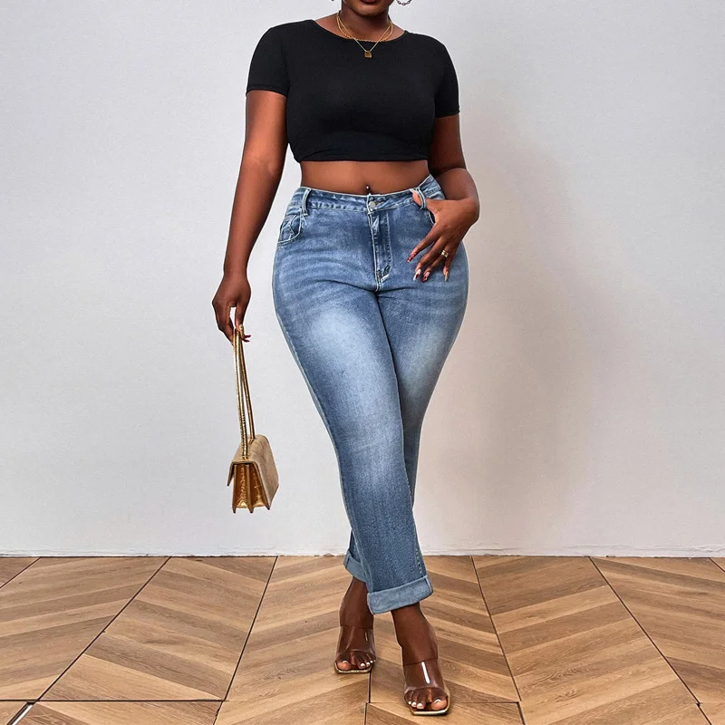 Benuynffy حجم كبير الموضة الأمريكية سليم صالح نحيل الجينز للنساء 2025 الشارع الشهير ريترو منتصف الخصر مثير الدينيم سروال شكل قلم رصاص