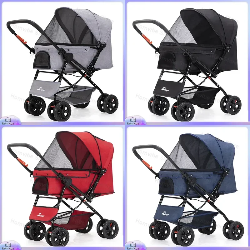 Pet Stroller for Small Medium Dogs Cats Foldable Outdoor Pushchair Adjustable Two Way Handle Lightweight Puppy Carrier Cart