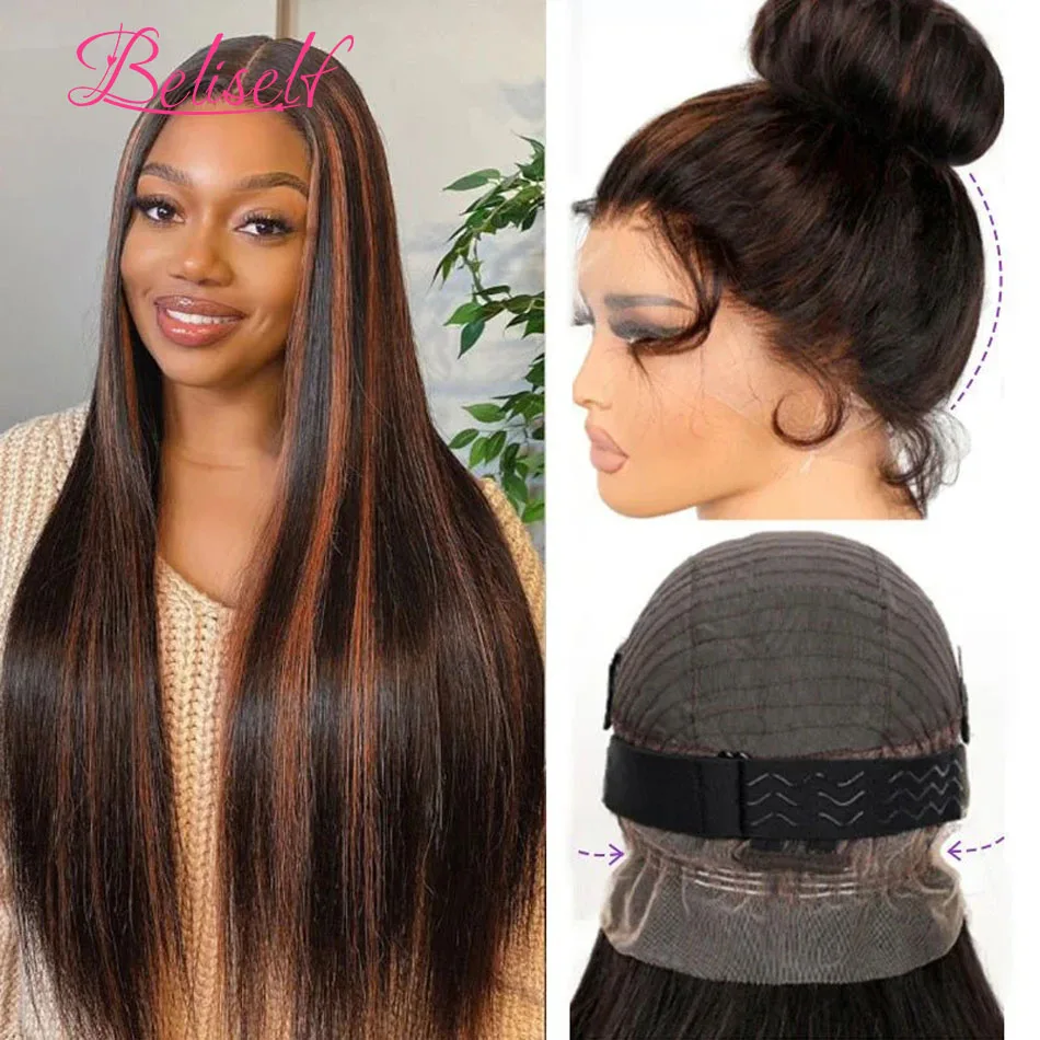 1B 30 Black Brown Highlight Wig Human Hair Straight 360 Invisible Strap Lace Frontal Wigs Pre Bleached 360 Lace Wig Beliself