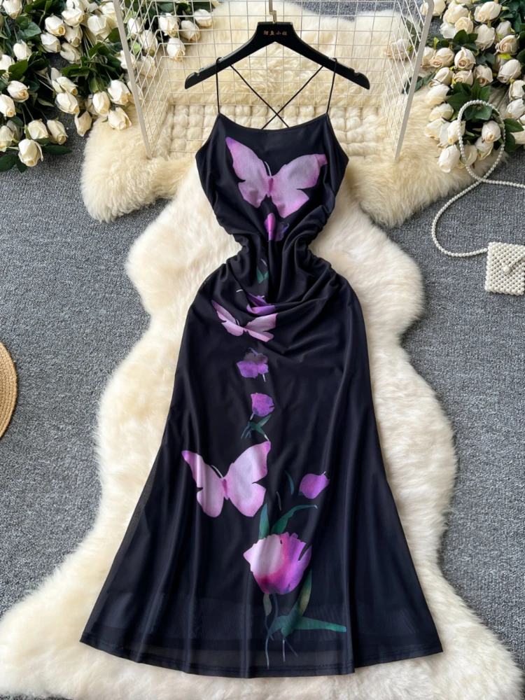 

Sexy Hollow Back Hanging Neck Long Dress for Women Summer Butterfly Print Mesh Sling Dress