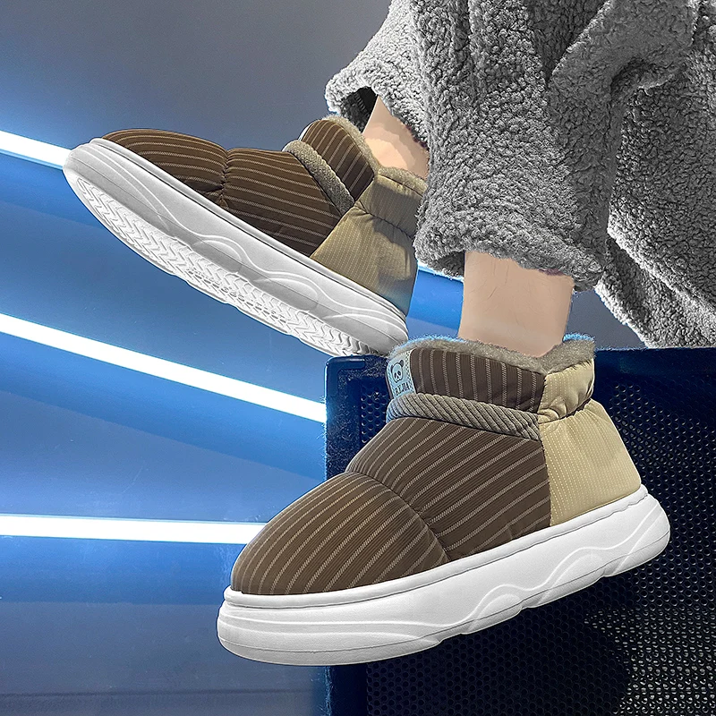 

Winter Ladies' Non-slip Soft Warm Flip Flops Men Home Casual Cotton Shoes Couple Style Concise Stripes Wrap Heels Plush Slippers